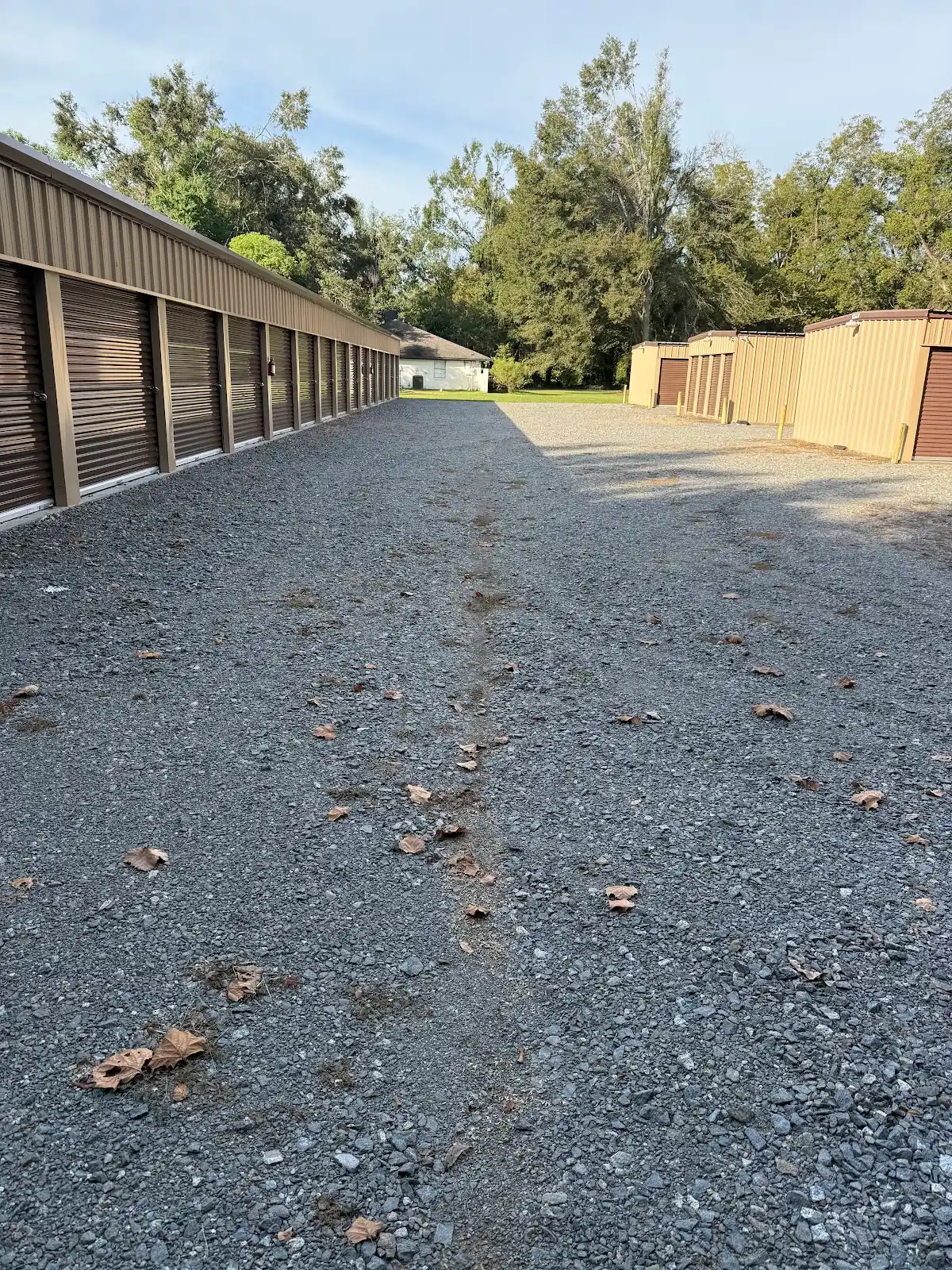 Long row of storage units beside a tree-lined gravel lane